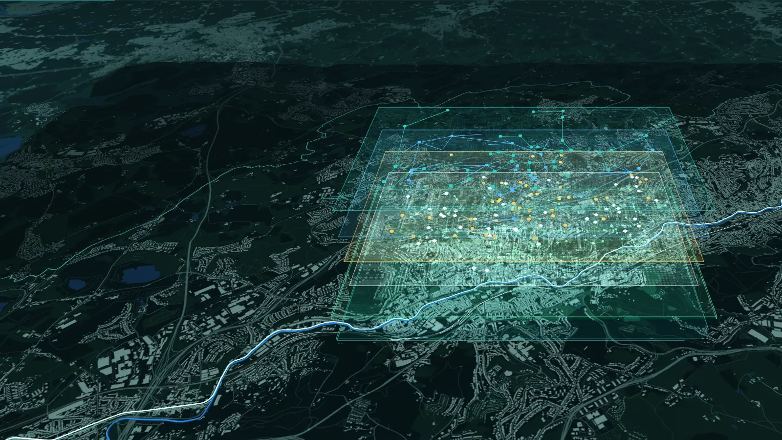 Stadtkarte von Wuppertal aus Geodaten, darüber zwei Grundlagen und vier farbige Ebenen